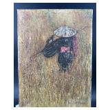 SIGNED OIL ON CANVAS ASIAN SCARECROW SCENE