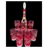 9 PC SET BOHEMIAN CRANBERRY CUT TO CLEAR DECANTER