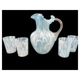 SET OF 5 VICTORIAN AQUA SATIN GLASS WATER SET
