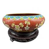 RED CLOISONNE LOW BOWL ON STAND