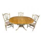 DISTRESSED PAINTED ROUND MAPLE TOP TABLE AND 3