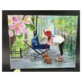 MOTHER AND BABY STROLL IN PARK OIL ON CANVAS