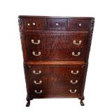 QUILTED MAHOGANY CHIPPENDALE CHEST ON CHEST