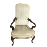 QUEEN ANNE OPEN ARM DISTRESSED LEATHER CHAIR