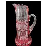 ANTIQUE BOHEMIAN PINK CUT TO CLEAR CRYSTAL PITCHER