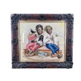 ANTIQUE BLACK AMERICANA NEEDLEPOINT IN ORNATE