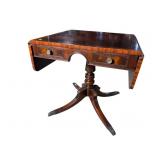 MAHOGANY INLAID 2 DRAWER DROP LEAF PEDESTAL TABLE