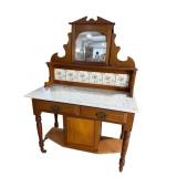WALNUT MARBLE TOP TILE BACK WASHSTAND