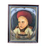 ANTIQUE YOUNG GIRL LOOKING OUT OF PORTHOLE OIL ON