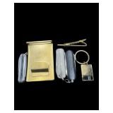 LOT OF KNIVES BELT BUCKLE TIE CLIP