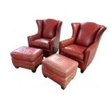 2 KING HICKORY LEATHER CHAIRS AND OTTOMANS