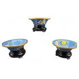 3 EXTRA SMALL BLUE CLOISONNE BOWLS ON STAND