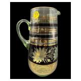 MCM ETCHED FLORAL GREEN GLASS PITCHER