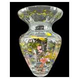 LARGE CRYSTAL ROMANIAN HAND PAINTED ART GLASS VASE