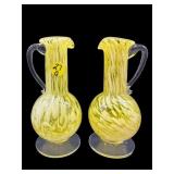 2 HAND BLOWN ART GLASS YELLOW SWIRL EWERS