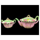 2 PC ANTIQUE PORCELAIN HAND PAINTED TEAPOT AND