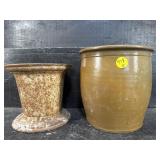 POTTERY AND CAST IRON PLANTER VASE