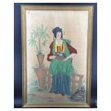 LARGE ORIENTAL WATERCOLOR PAINTING ON SILK