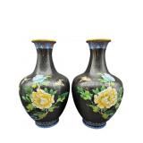 2 BLACK CLOISONNE VASES