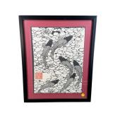FRAMED JAPANESE PAPER KOI FISH BLOCK PRINT