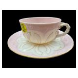 ANTIQUE BLACK MARK BELLEEK PINK TEACUP AND SAUCER