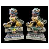 2 ORIENTAL FOO DOG GREEK KEY CERAMIC SCULPTURES