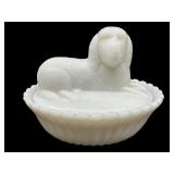OLDER WESTMORELAND MILK GLASS DOG ON NEST