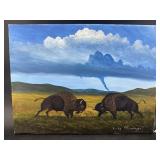 OIL ON CANVAS FIGHTING BISON & TORNADO SCENE