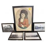 ANTIQUE CURRIER & IVES PRINT AND 4 TRAIN PHOTOS