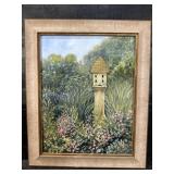 BIRDHOUSE IN GARDEN OIL ON BOARD