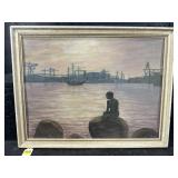 COPENHAGEN HARBOR SCENE OIL ON CANVAS IN FRAME