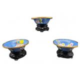 3 EXTRA SMALL BLUE CLOISONNE BOWLS ON STAND