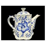 LARGE BLUE AND WHITE PORCELAIN FLORAL TEAPOT