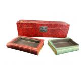 WOODEN DECORATIVE BOX AND 2 BOOK TRAYS