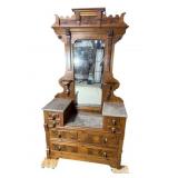 WALNUT VICTORIAN DROP CENTER DRESSER WITH MIRROR
