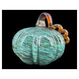 LARGE BLUE & AMBER FEATHERED ART GLASS PUMPKIN