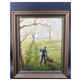 BOY WITH FISHING POLE AND DOG OIL ON CANVAS