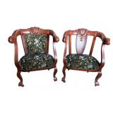 2 LARGE CARVED BARREL BACK PARLOR CHAIRS