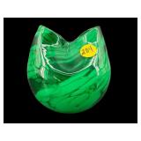 BISCHOFF GREEN ART GLASS SHORT VASE