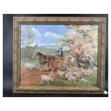 K.PEGG SHEEP HERDER AND MAN ON CART OIL ON CANVAS