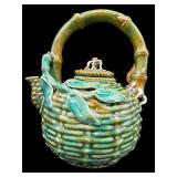 LARGE MAJOLICA BAMBOO HANDLE TEAPOT