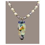 STERLING CLASP CULTURED PEARL ART GLASS NECKLACE