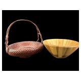 2 PC LOT WOODEN BOWL & WICKER BASKET