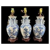 3 CANTON ORIENTAL BLUE AND WHITE PORCELAIN LAMPS