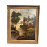 SIGNED W.EDDIS MONUMENTAL RIVER VILLA SCENE OIL