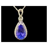 14K WHITE GOLD TANZANITE & DIAMOND PENDANT W CHAIN