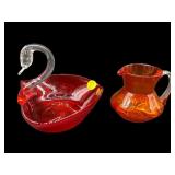 2 PC LOT AMBERINA SWAN DISH & ORANGE SMALL PITCHER