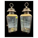 2 LARGE BRASS AND ETCHED GLASS HANGING LANTERNS
