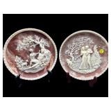 2 LARGE ARTIST SIGNED FIGURAL INCOLAY PLATES