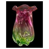 LARGE VINTAGE ART GLASS WATERMELON RUFFLED VASE